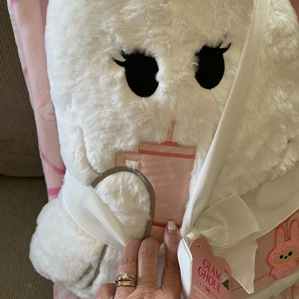 Glam Ghoul Pink Coquette Ghost Holding Stanley and Labubu Throw and Pillow Set